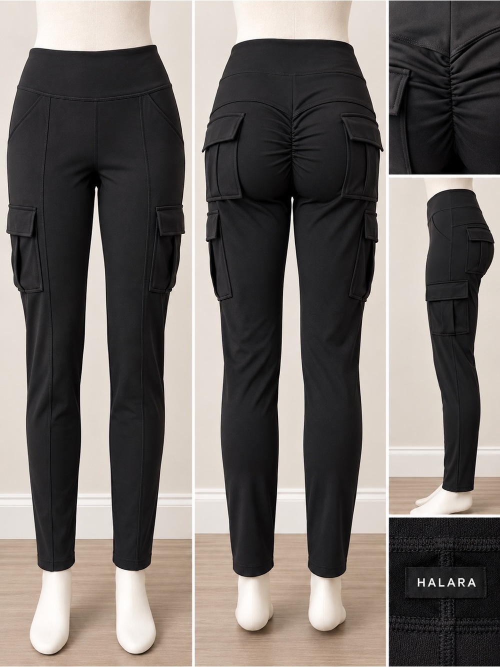 HALARA Black High Rise Cargo Leggings Ruched Back Scrunch Butt Pockets